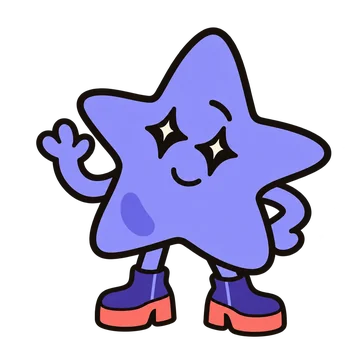 A periwinkle star with sparkle-shaped eyes and purple platform boots.