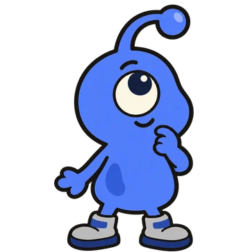 A blue one-eyed alien with a curved antenna and white high-top shoes.