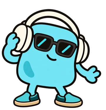An aqua mascot wearing dark sunglasses, cream headphones and teal slip-on shoes.