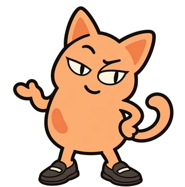 A peach cat with pointed ears, slit pupils and a curled tail.