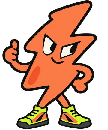 A coral lightning bolt with angular eyes and lime racing shoes.