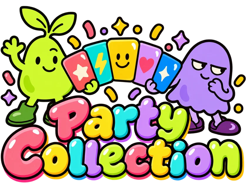 Pip and Boo presenting a colorful fan of cards and the Party Collection title.