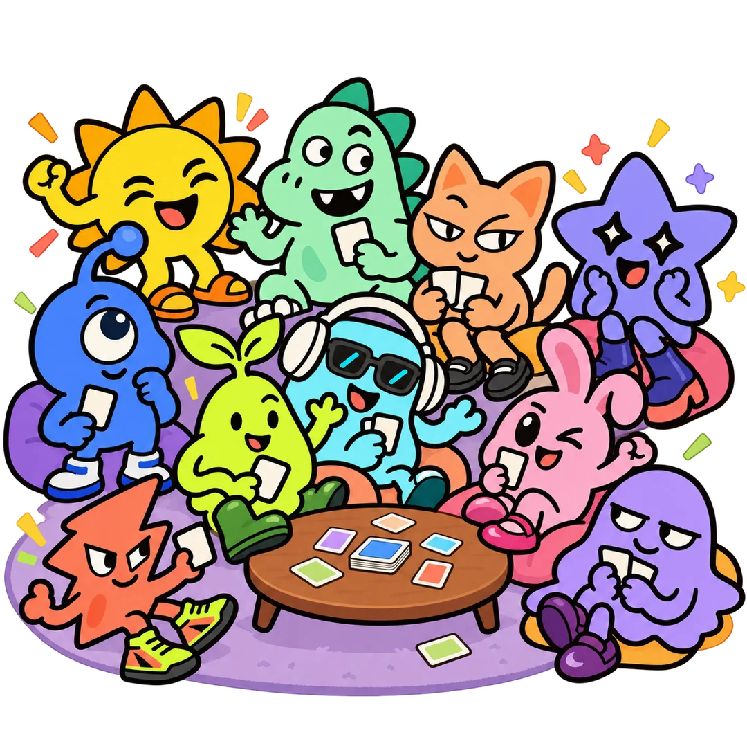 Ten colorful characters gathered around a table, laughing and playing party games together.